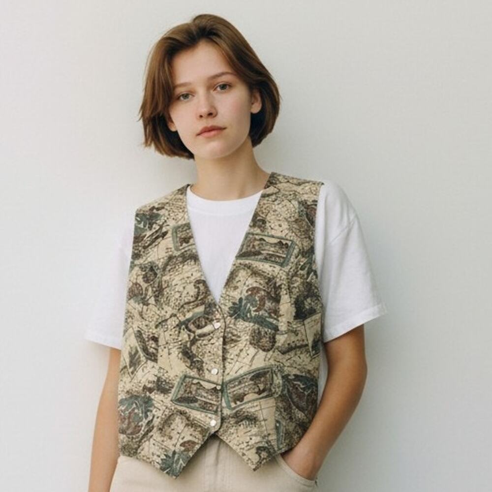 L Sleepless Top Vintage beige button-up vest safari leopard zebra map print 90's